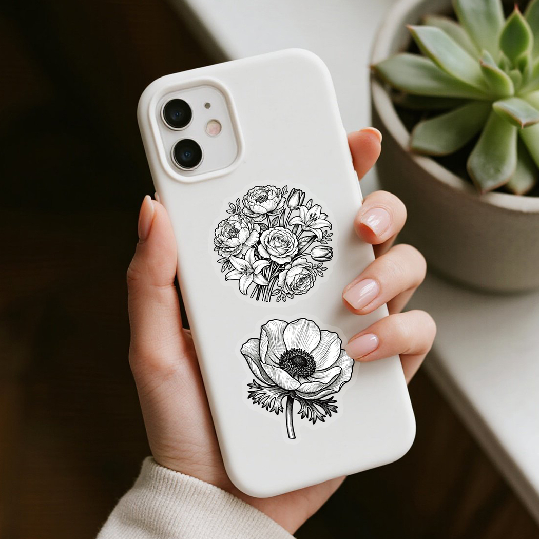 Lunira - Black-White Line-Art Floral Sticker Pack - product view 10