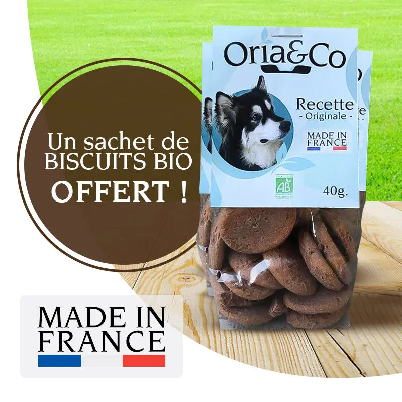 Biscuit bio offert pour l'achat d'une balle pour chien indestructible en caoutchouc - Oria & Co