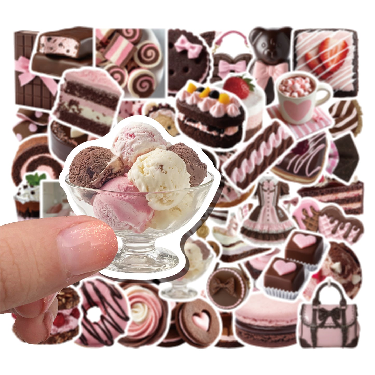 50张粉棕甜品ins风贴纸卡通DIY甜美少女心美食手机壳电脑手账贴画