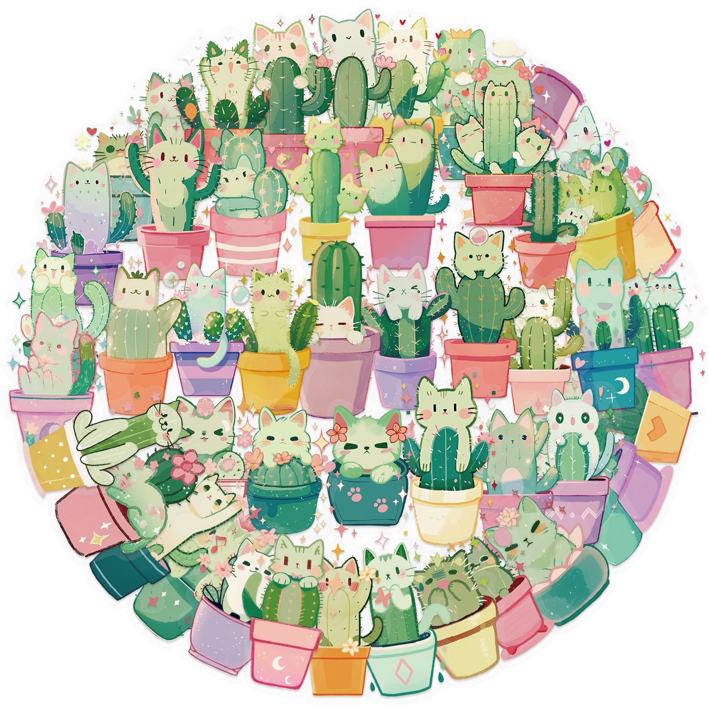 50张可爱猫猫仙人掌透明PET贴纸DIY行李箱水杯吉他滑板车卡通贴画