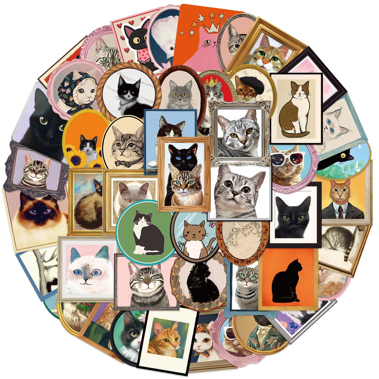 50张跨境相框猫咪贴纸不干胶防水贴画DIY行李箱滑板车手机手帐本