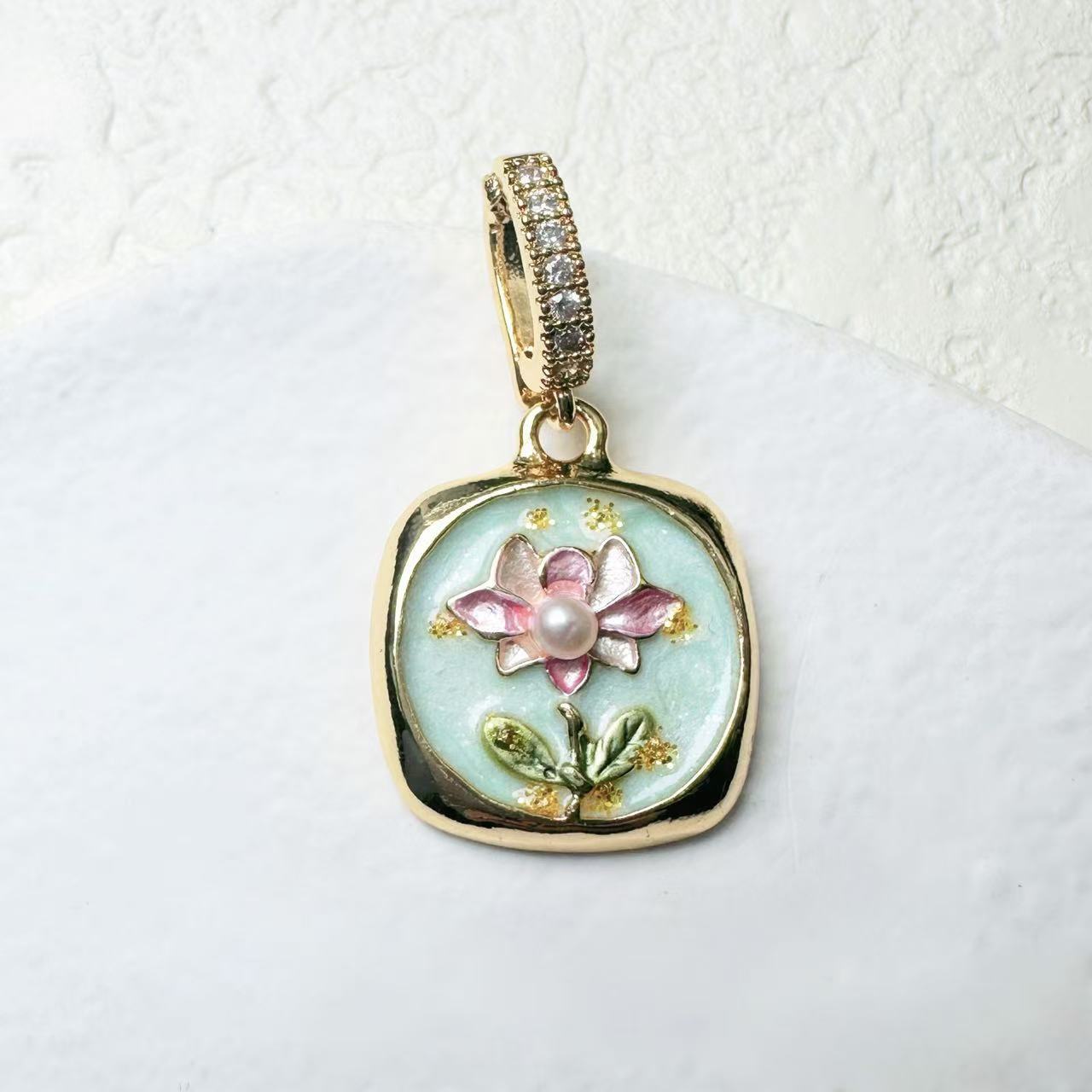 中古油画风项链吊坠diy手工项链坠子巴洛克珍珠花朵滴釉款毛衣链