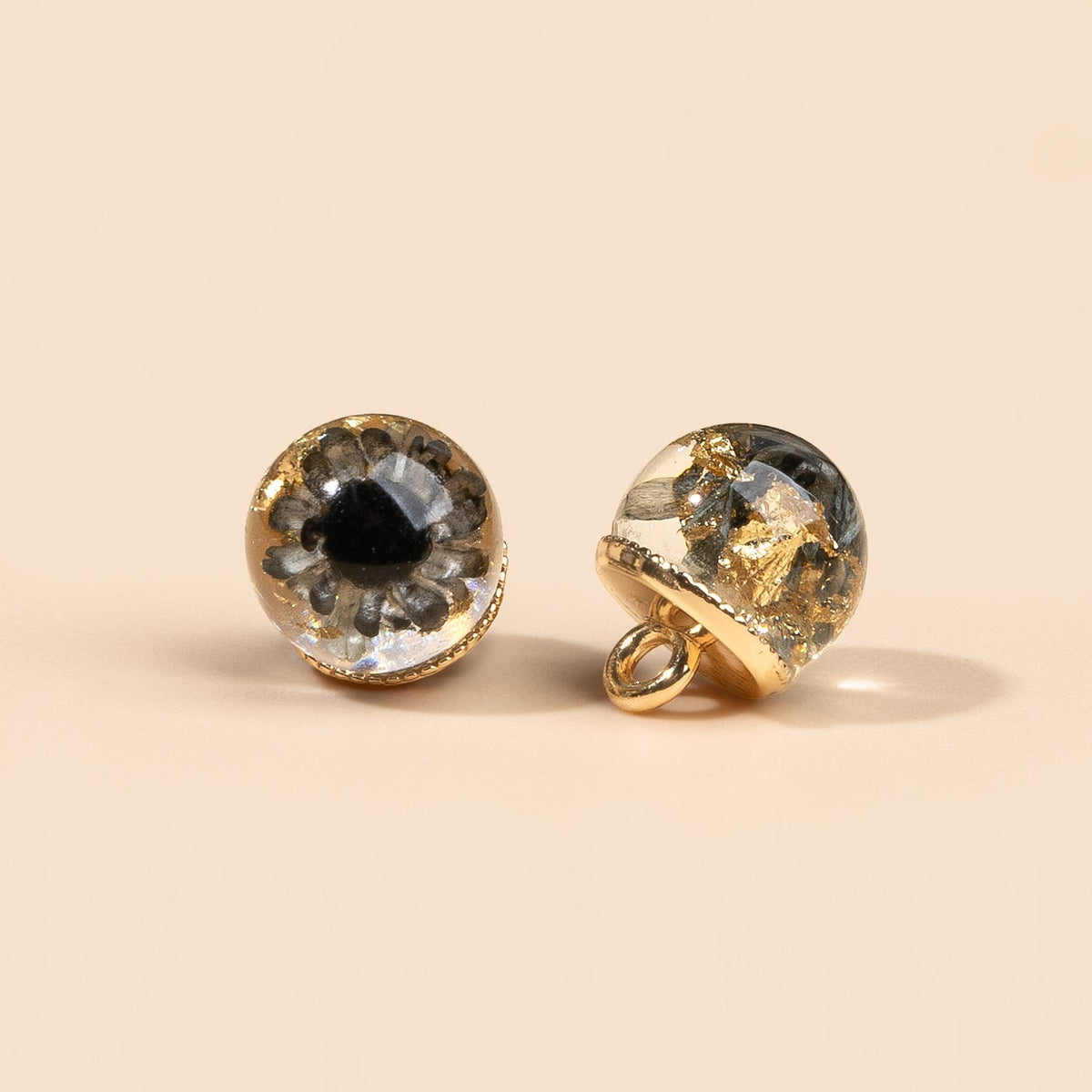 Black floral dome shank button front and side views