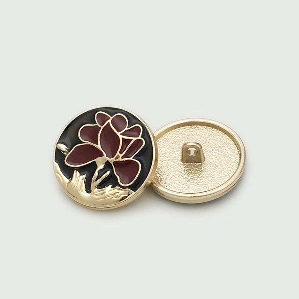 Red and black lotus scene button, front and back
