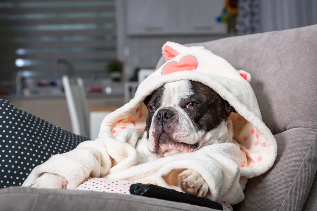 Bulldog français qui s'ennuie devant la télé seul à la maison