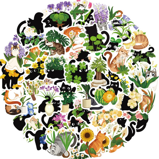 Botanical cat sticker assortment on white background