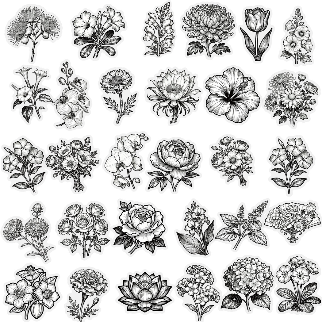 Lunira - Black-White Line-Art Floral Sticker Pack - product view 1 1
