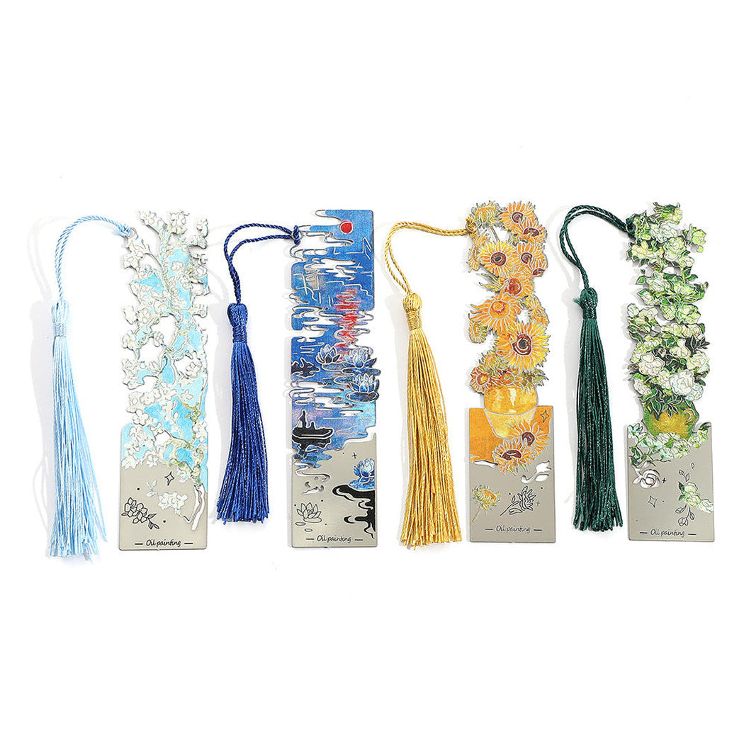 Four art print bookmarks with colorful tassels