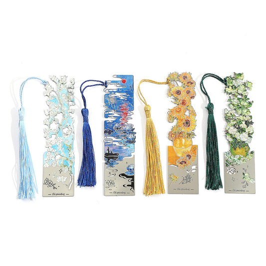 Four art print bookmarks with colorful tassels