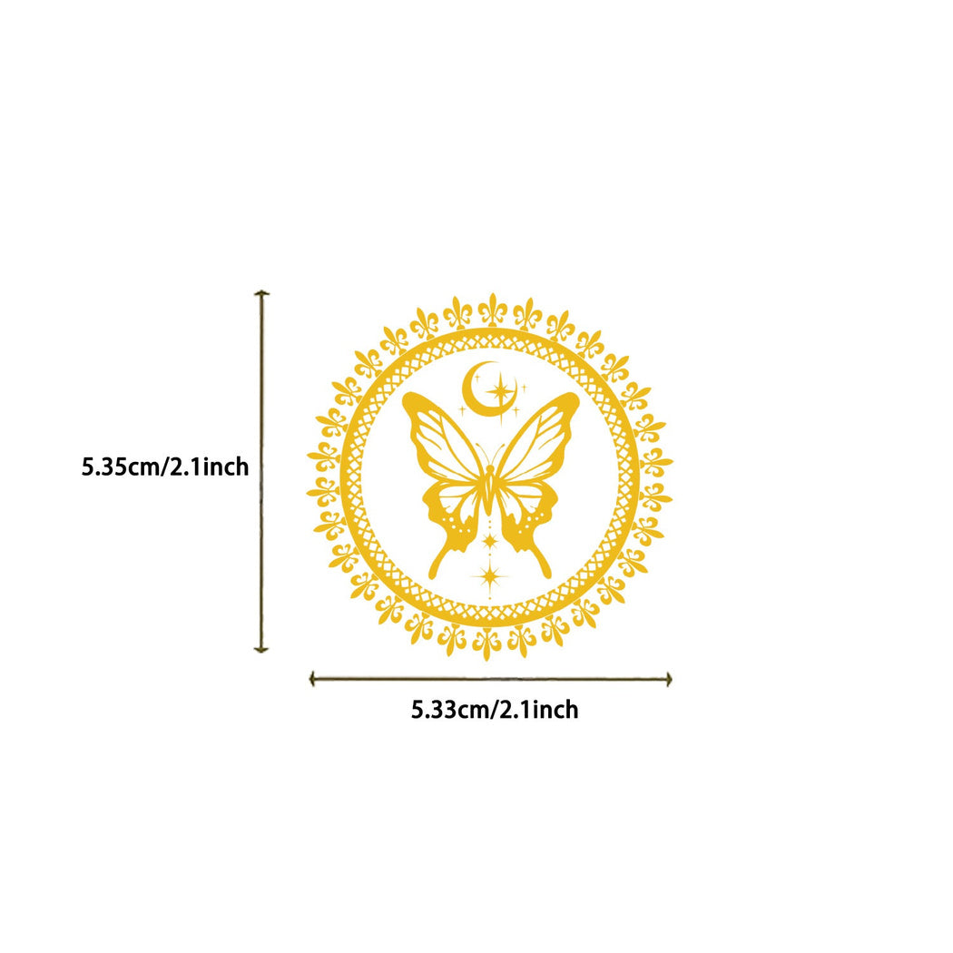 Gold botanical and insect sticker design and size detail
