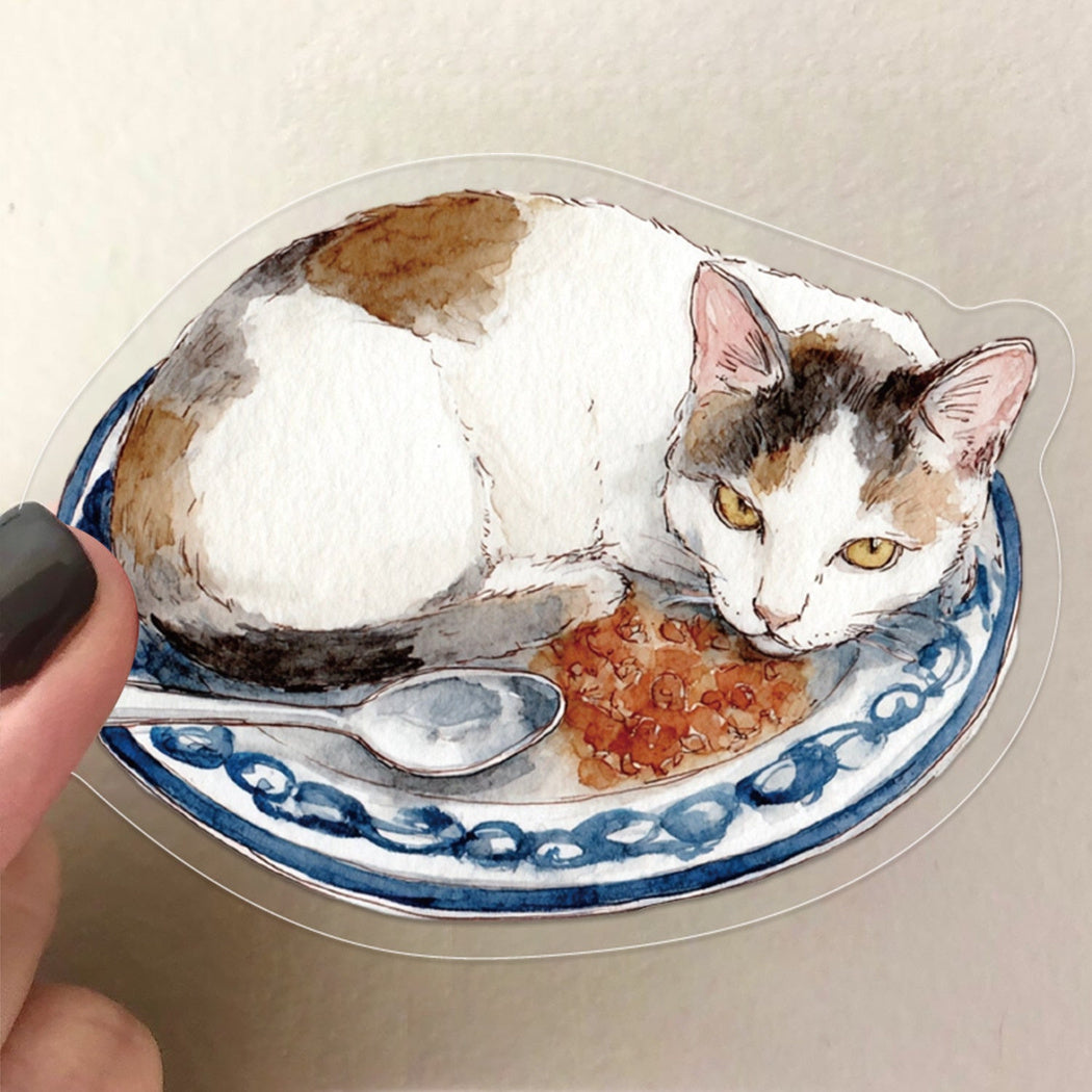 Cozy cat and food sticker design and size detail
