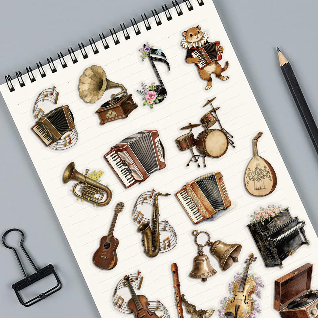 Vintage musical instrument sticker design and size detail