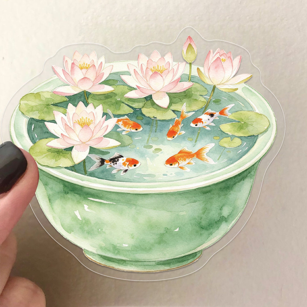 Watercolor lotus pond sticker design and size detail