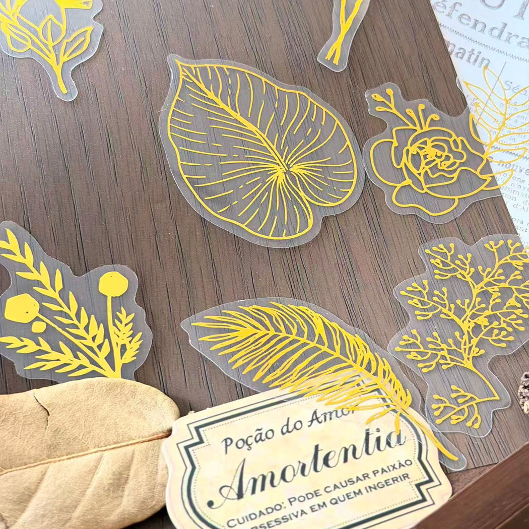 Gold botanical line art sticker design and size detail