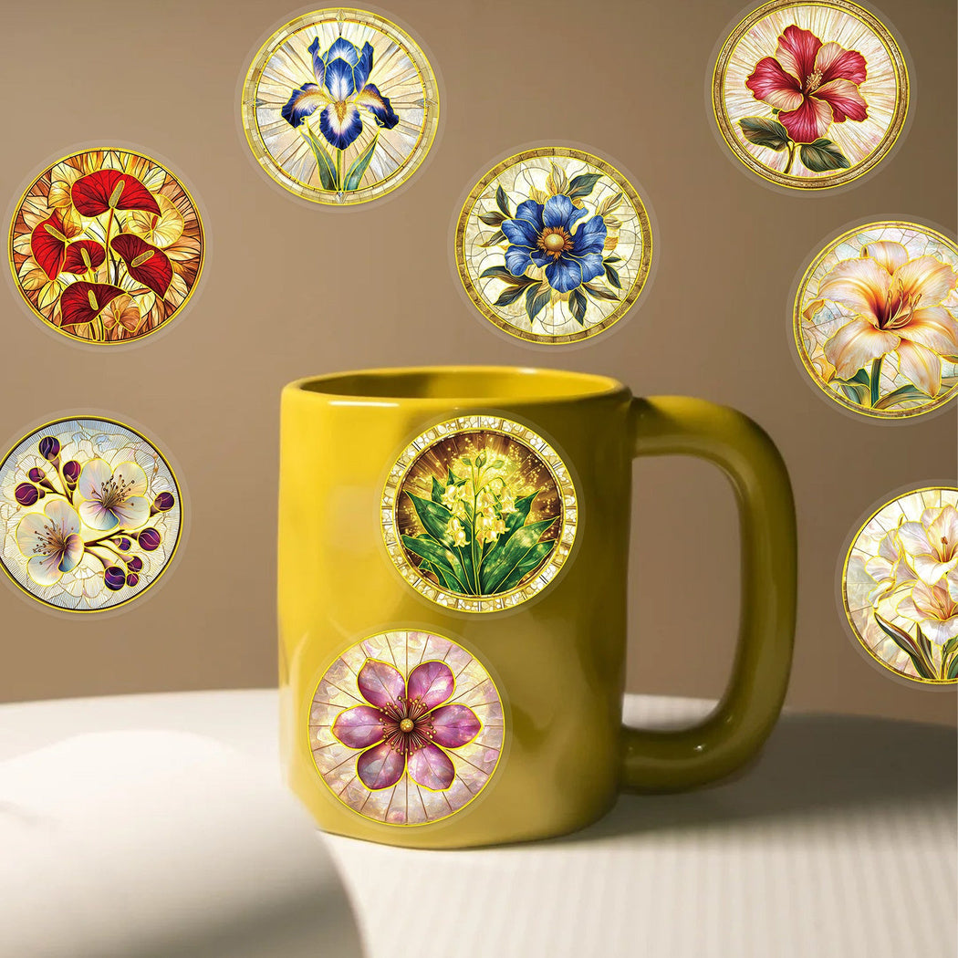 Vintage botanical medallion sticker design and size detail