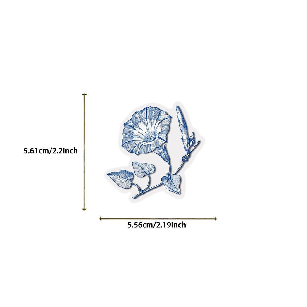 Blue botanical flower sticker design and size detail