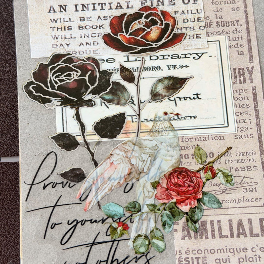 Vintage rose collage sticker design and size detail