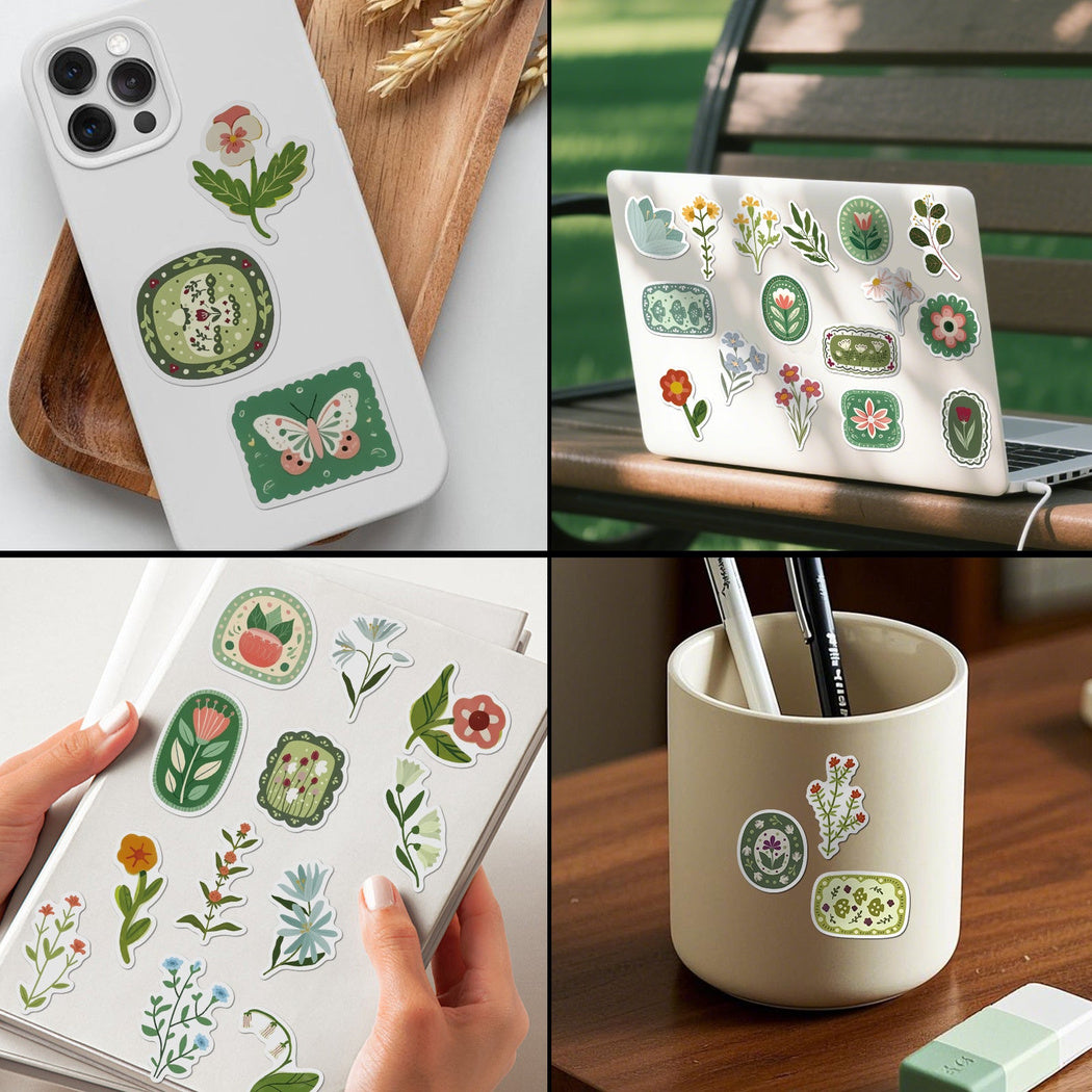 Plant stickers decorating a phone case and drinkware