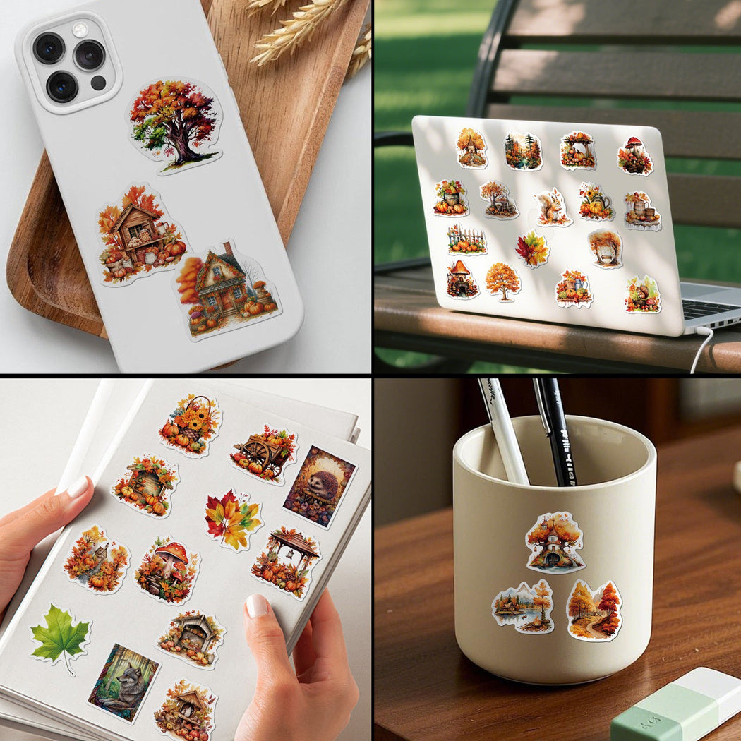 Autumn stickers decorating a phone case and drinkware