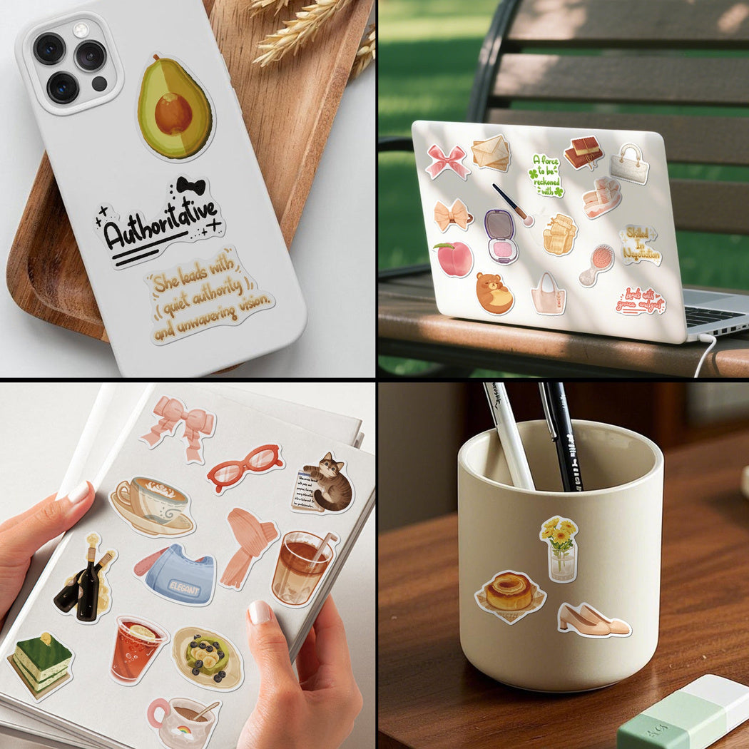 Cafe stickers decorating a phone case and drinkware