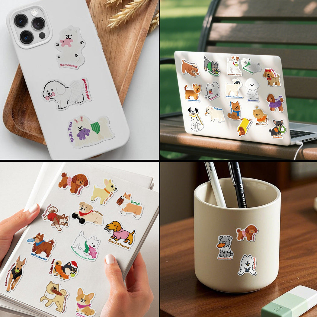 Dog stickers shown on everyday objects