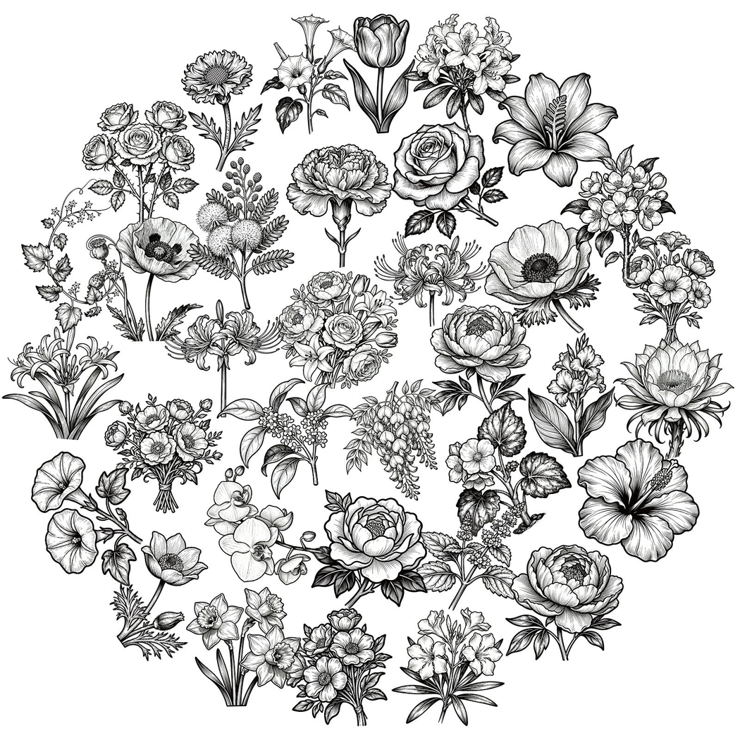 Lunira - Black-White Line-Art Floral Sticker Pack - LineFloral variant 3