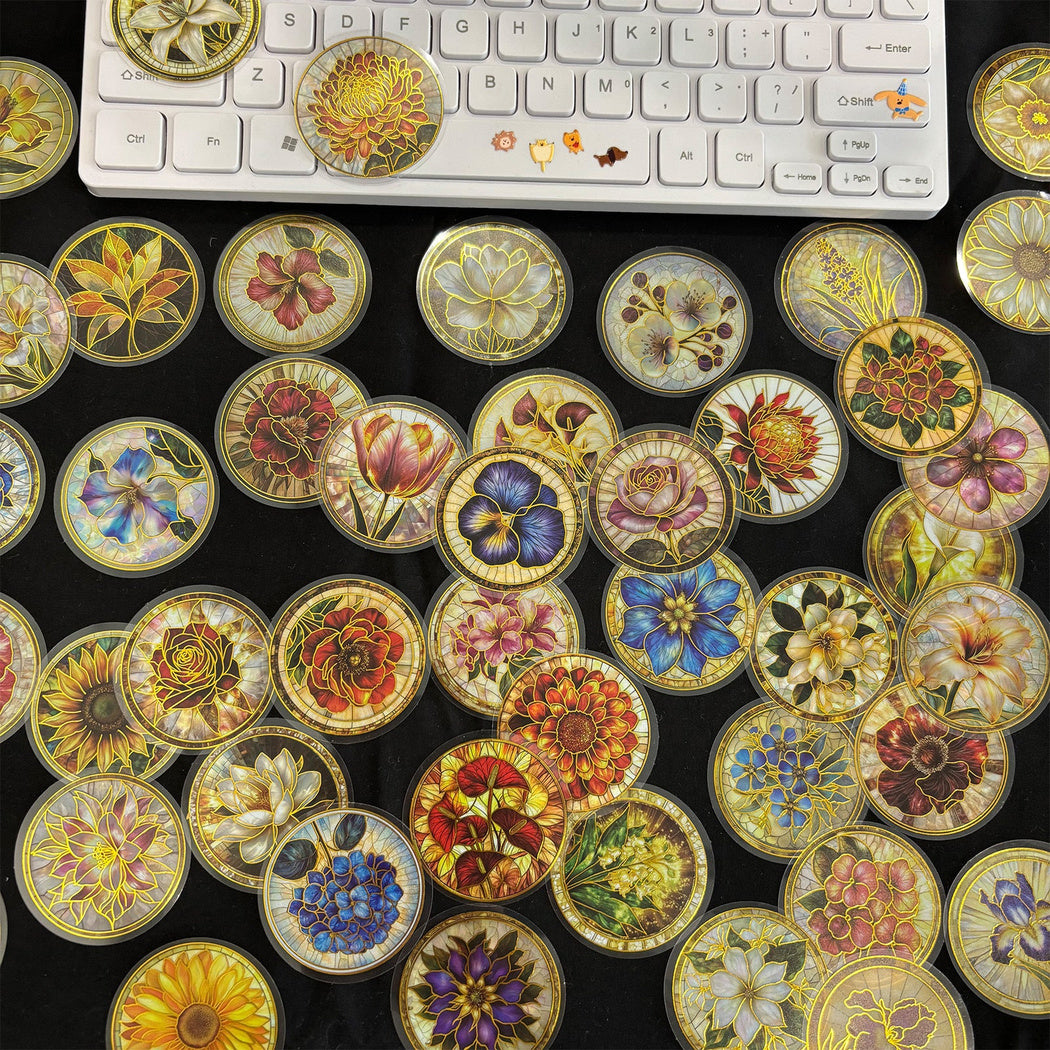 Vintage botanical medallion sticker close-up