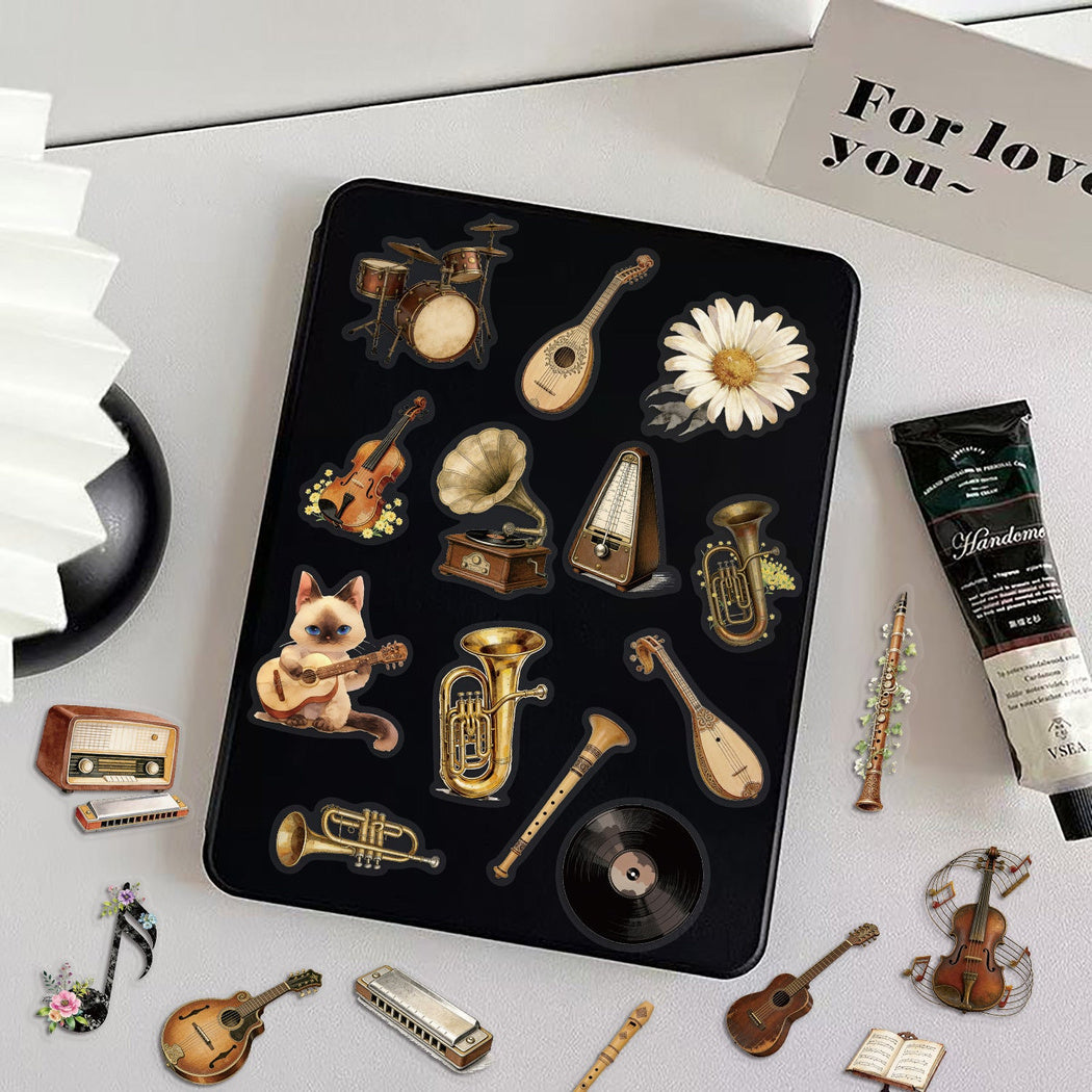 Vintage musical instrument sticker close-up