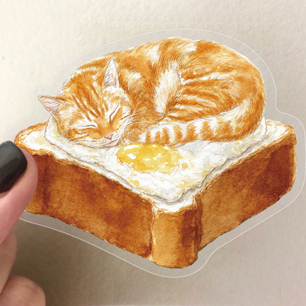 Cozy cat and food sticker close-up