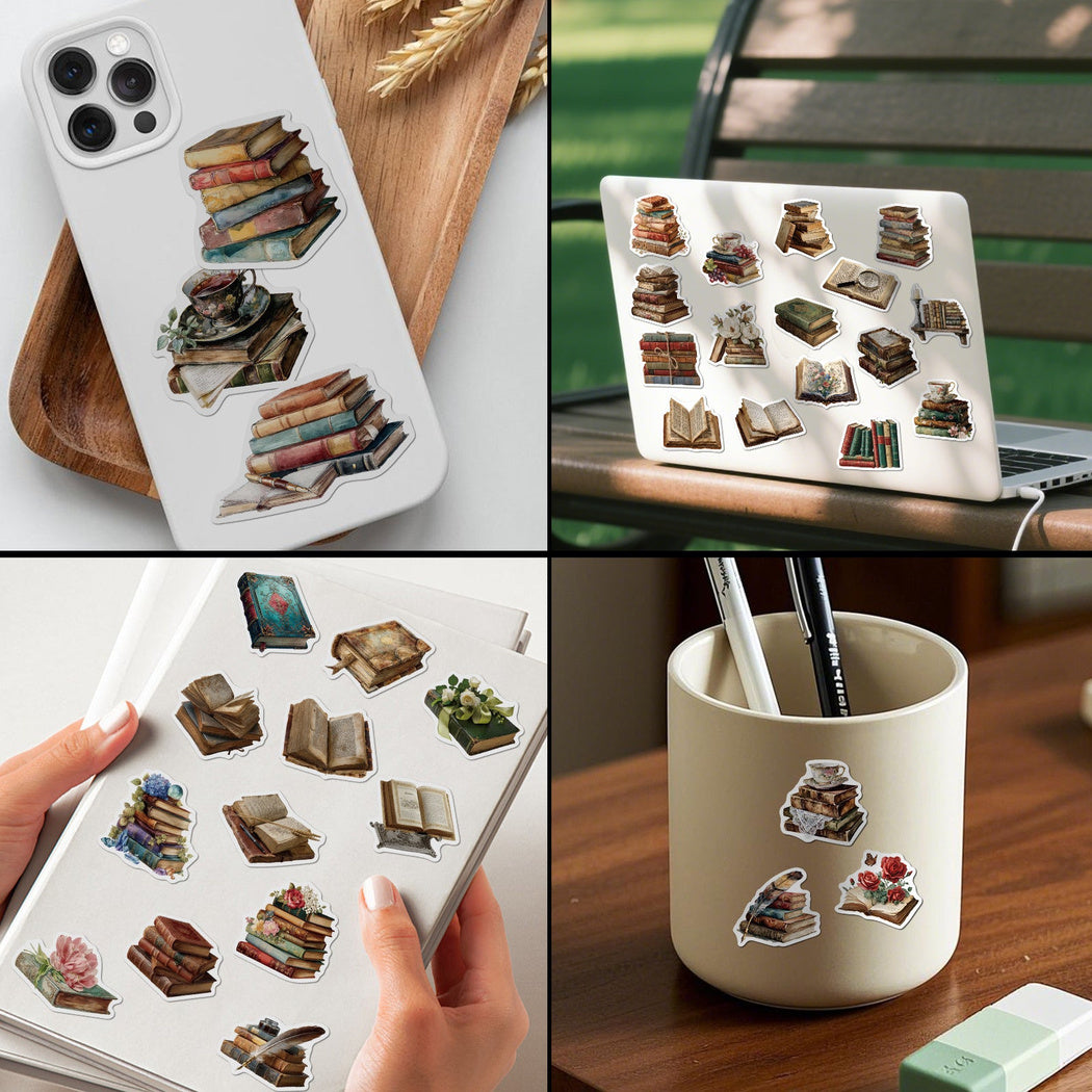 Vintage book stickers arranged on a desk