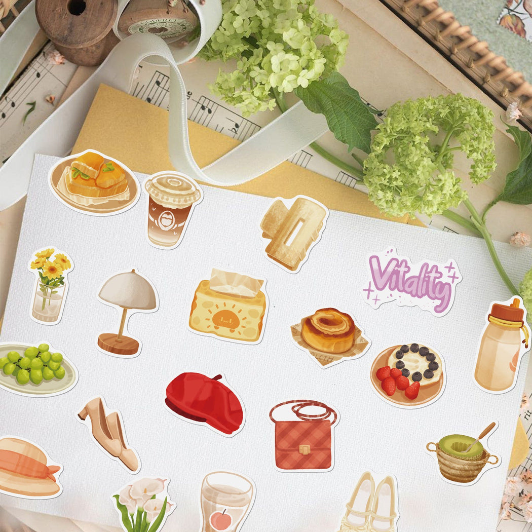 Cafe food stickers arranged with kitchen items