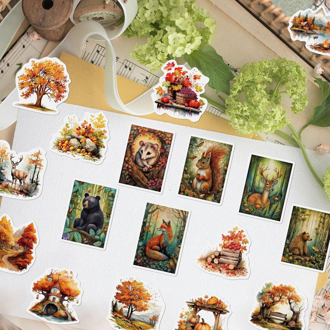 Autumn woodland stickers arranged on a desk