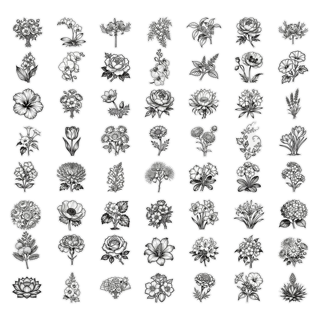 Lunira - Black-White Line-Art Floral Sticker Pack - product view 4 4
