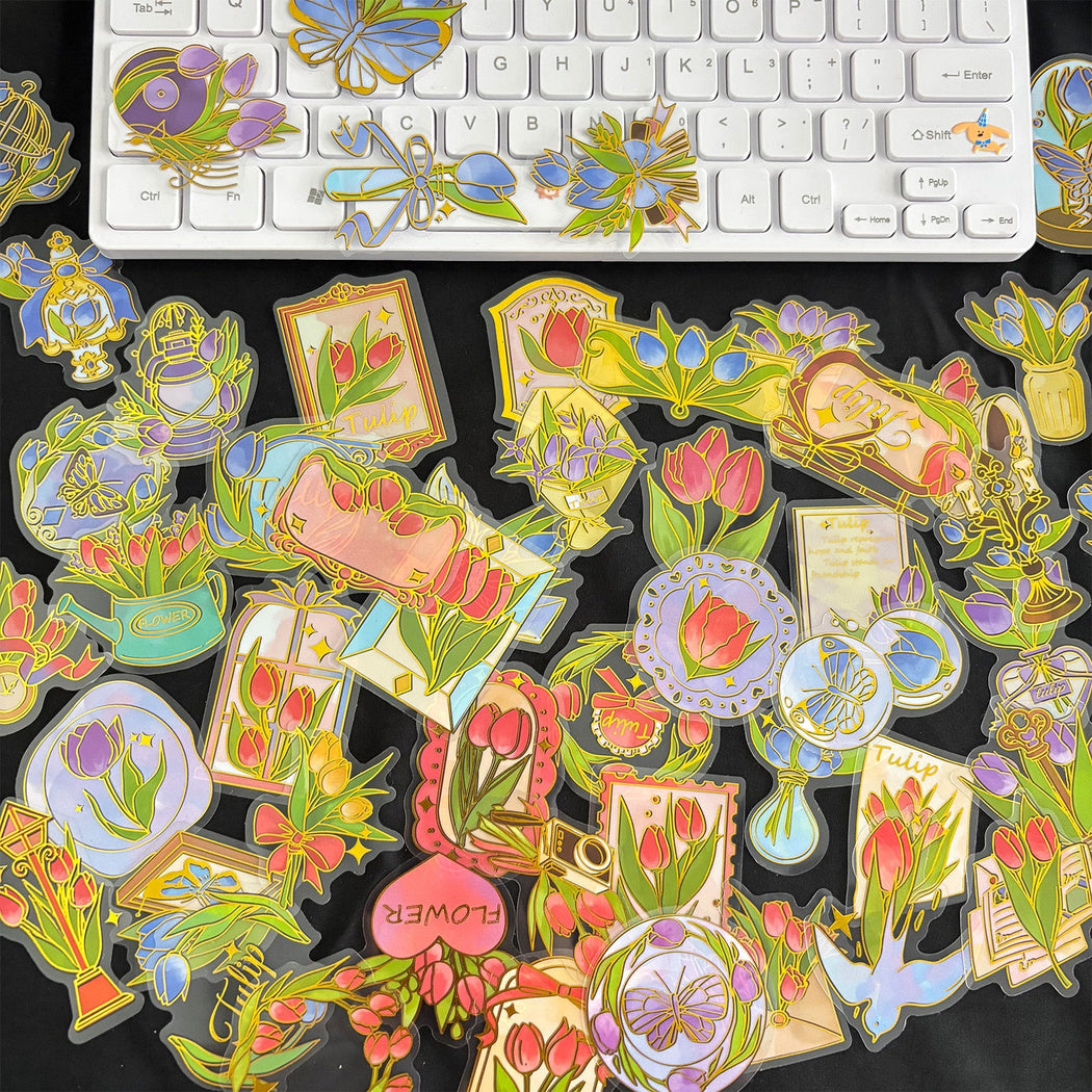 Vintage floral postage stickers shown in use