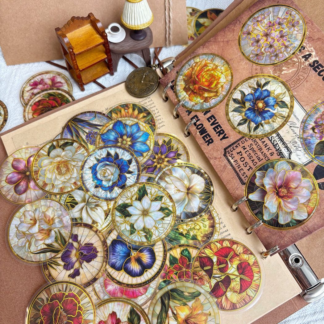 Vintage botanical medallion stickers shown in use