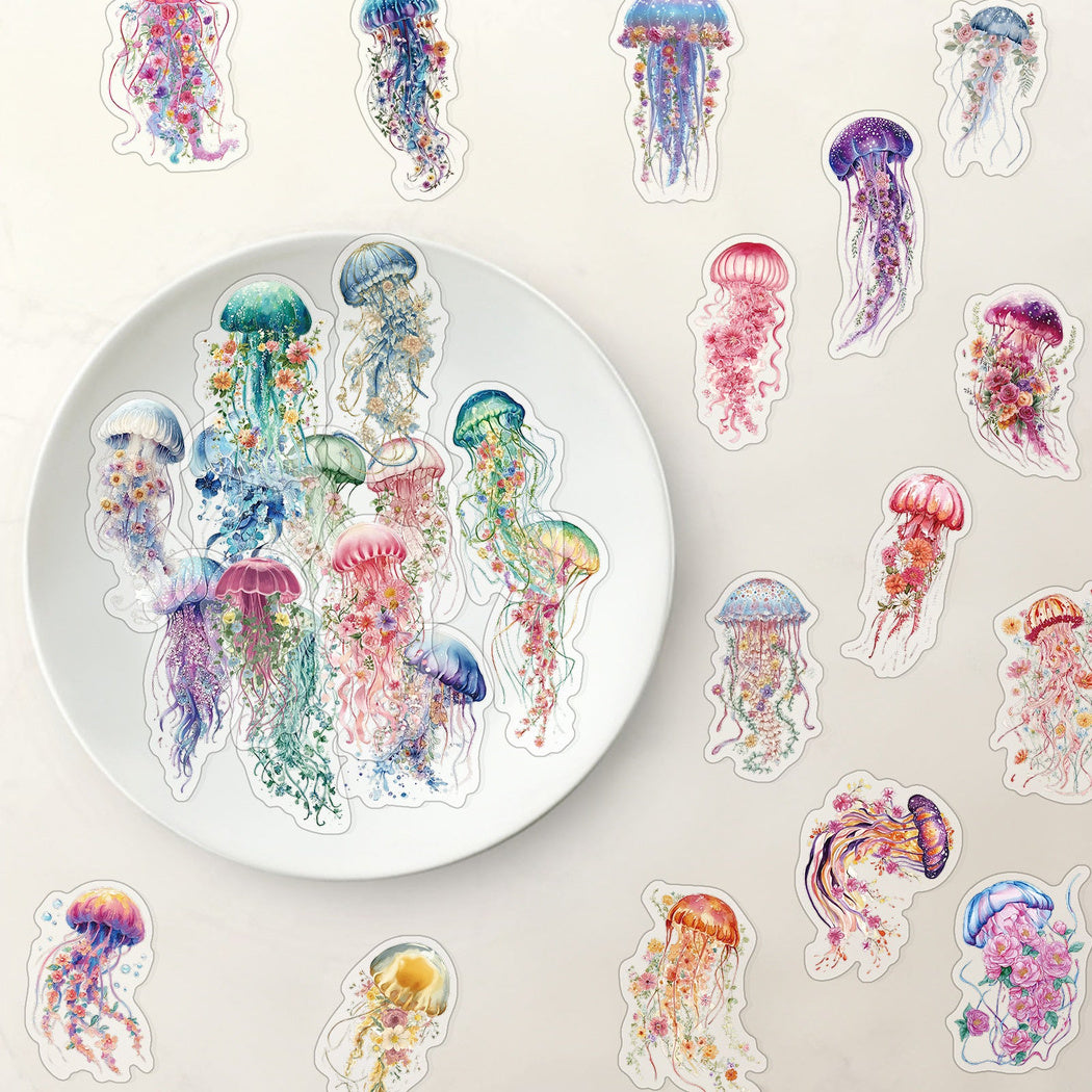 Watercolor jellyfish stickers shown in use