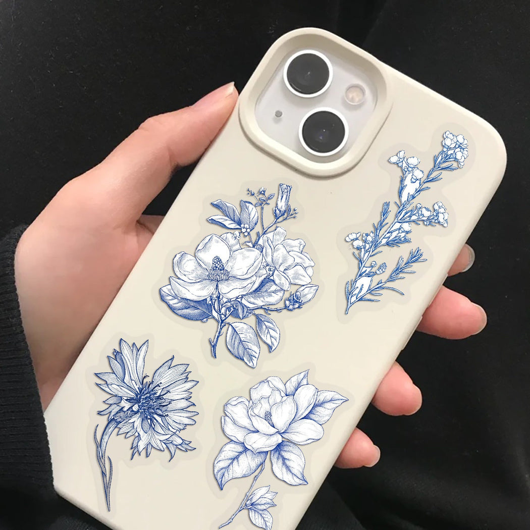 Blue botanical flower stickers shown in use