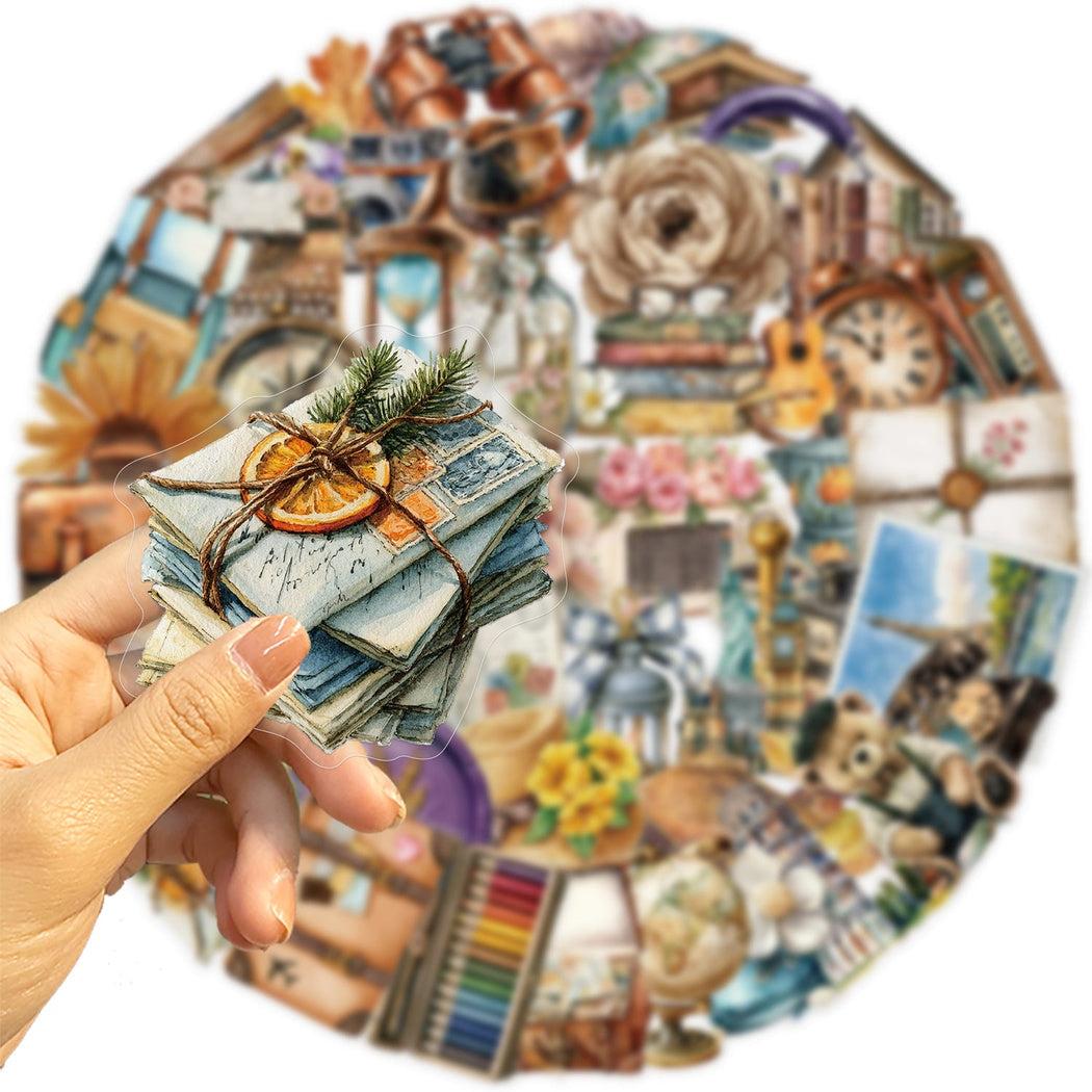 Vintage travel ephemera stickers shown in use