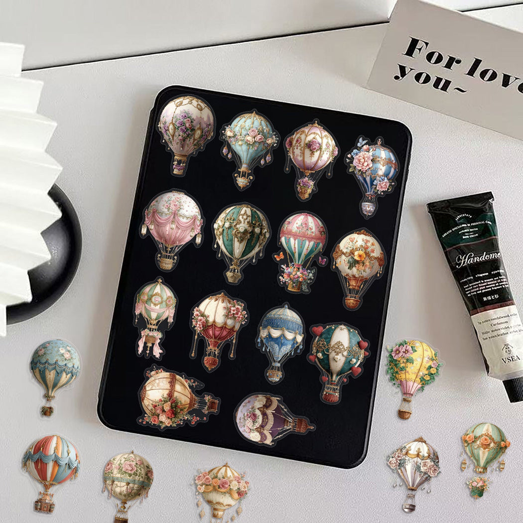 Vintage hot air balloon stickers shown in use