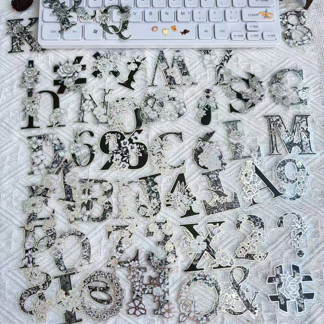Black and white typography stickers shown in use