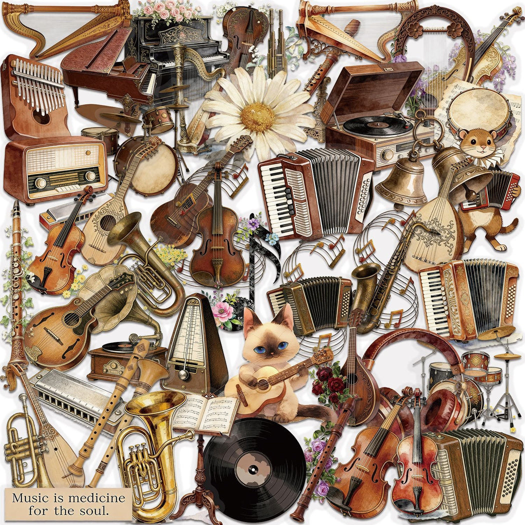 Vintage musical instrument grouped sticker assortment