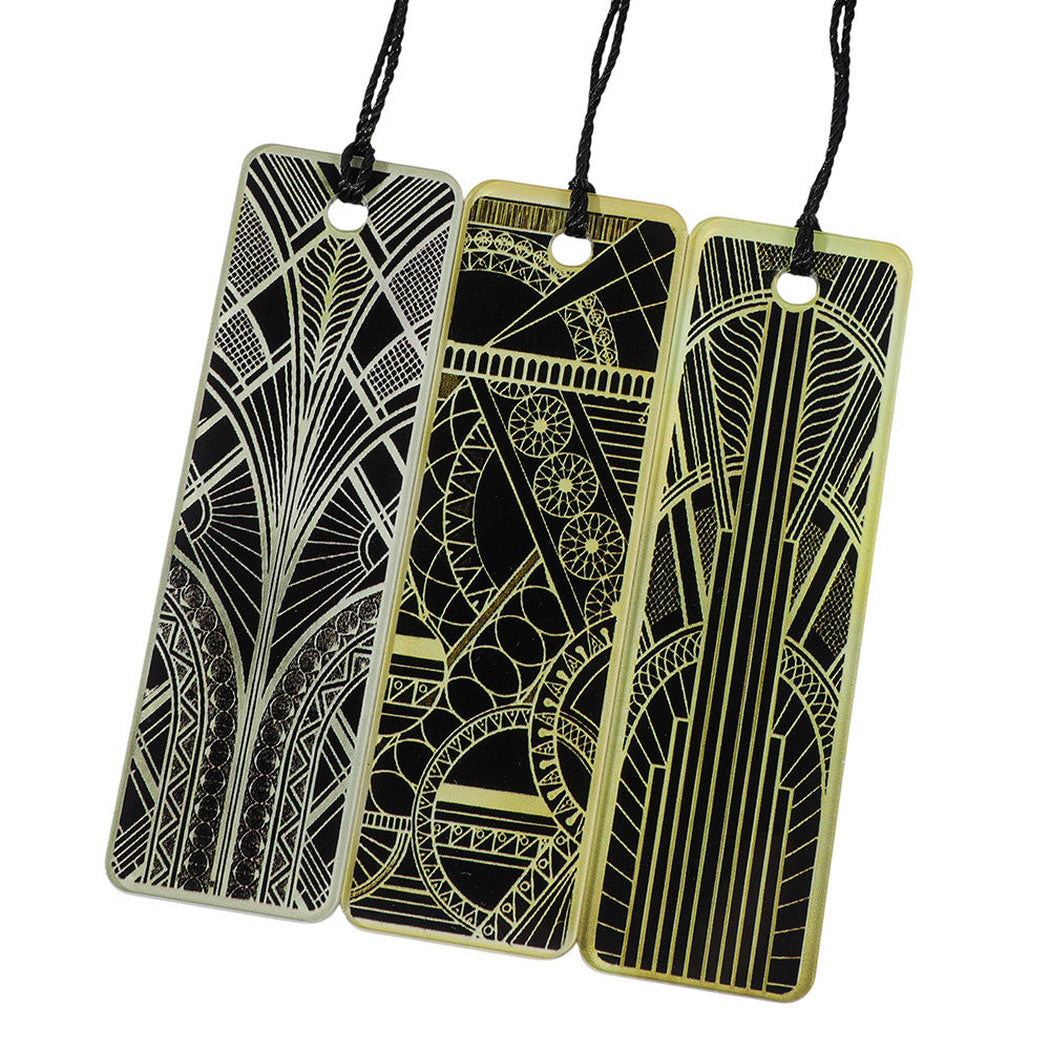 Three Art Deco bookmark styles on white