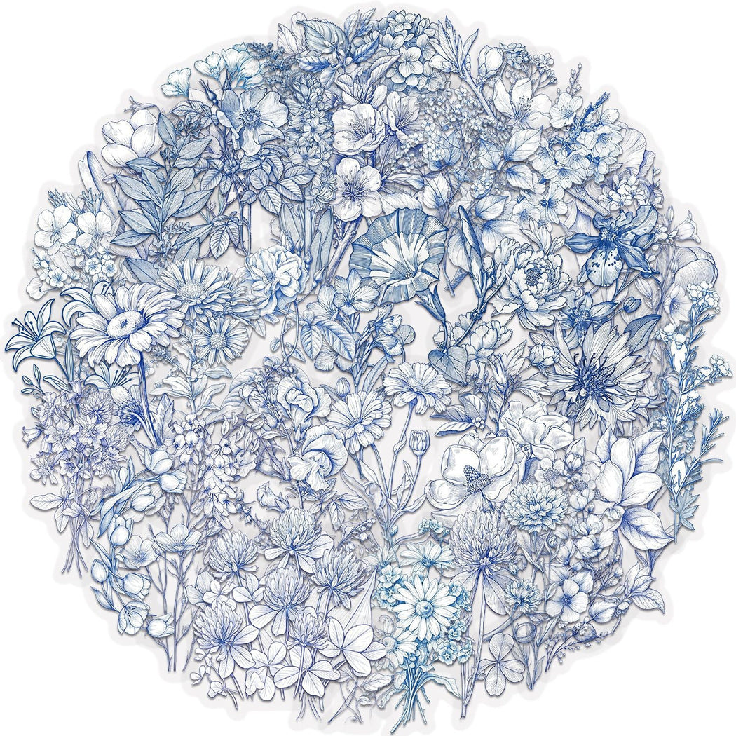 Blue botanical flower grouped sticker assortment