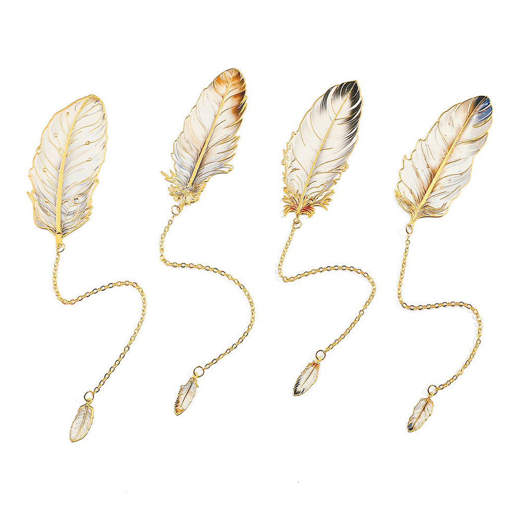 Four feather bookmark styles on a white background