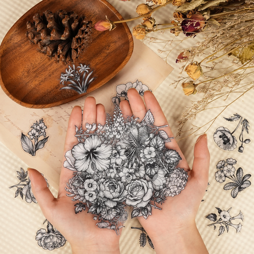 Lunira - Black-White Line-Art Floral Sticker Pack - product view 8