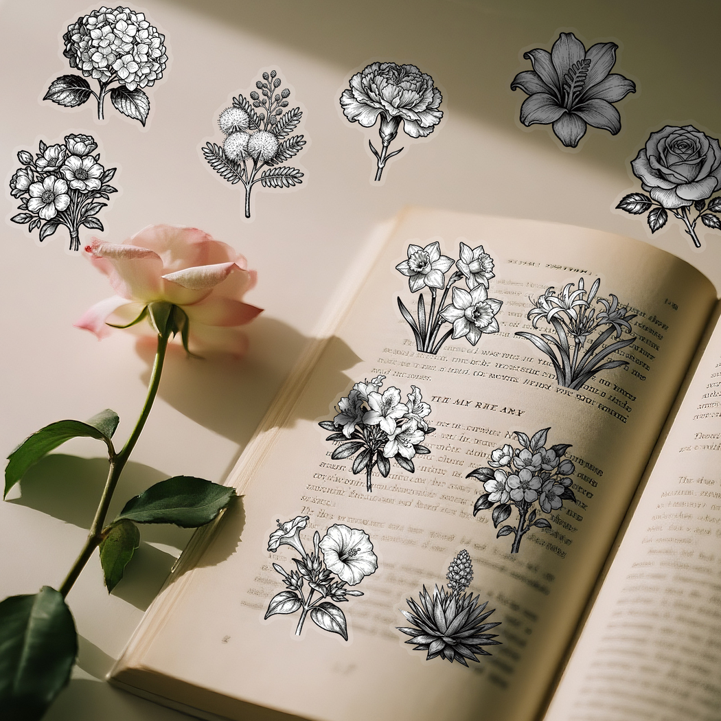 Lunira - Black-White Line-Art Floral Sticker Pack - product view 9