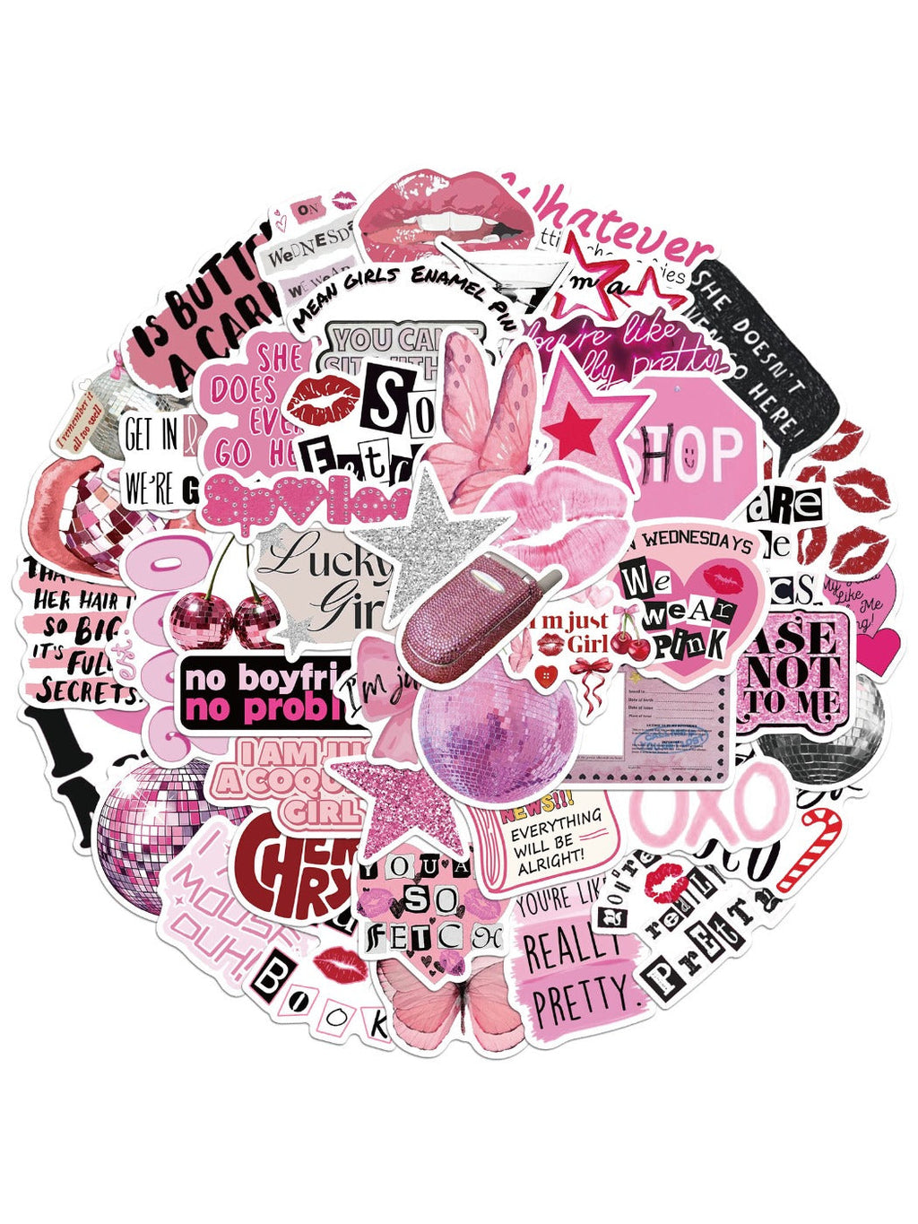 Sticker featuring pink spray paint effect with stylized lettering