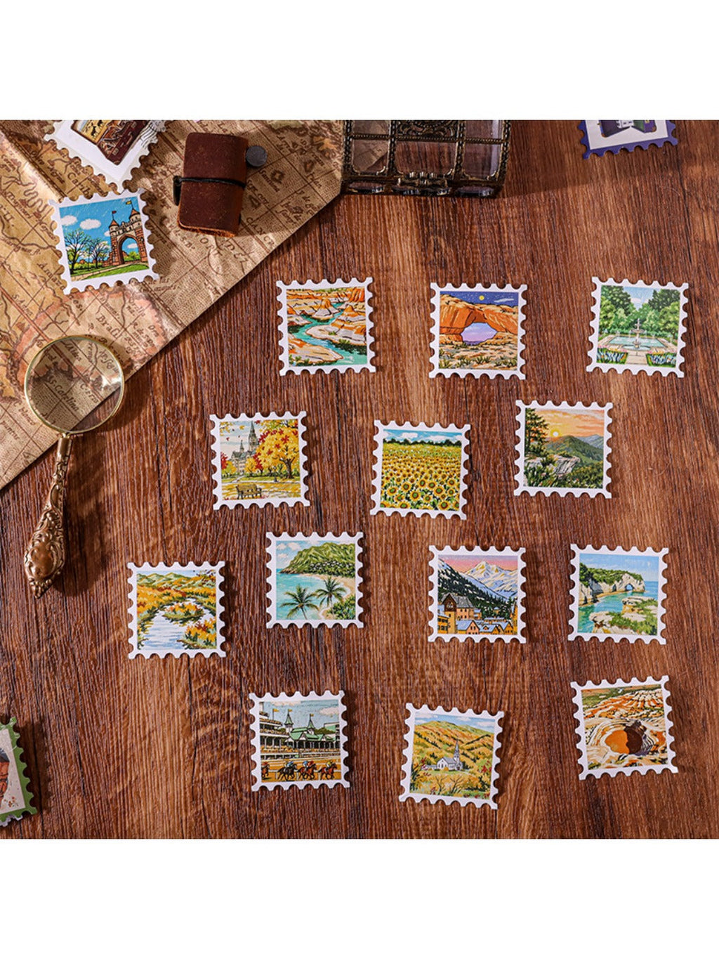 Close-up of assorted postage stamp style stickers featuring various illustrations