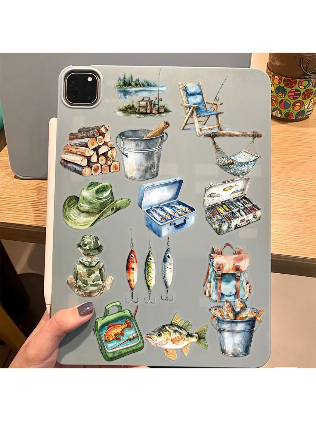 Cartoon watercolor sticker of a fishing boat on water