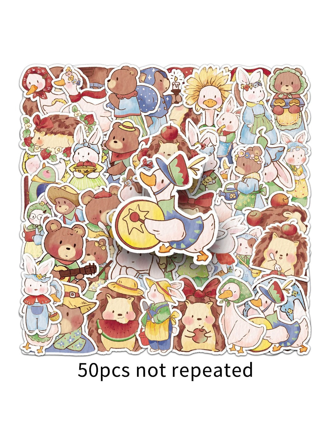 Detailed view of a forest fairy tale sticker with a cute animal and floral decorations